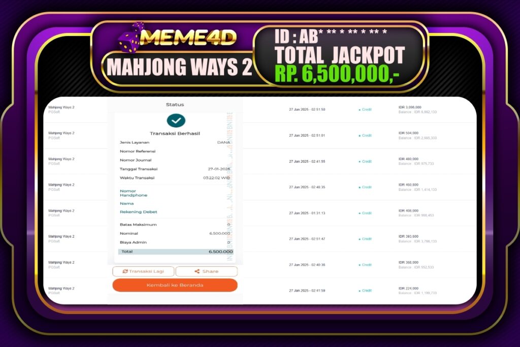 Bukti Jp MEME4D Slot Online 27 JANUARI 2025