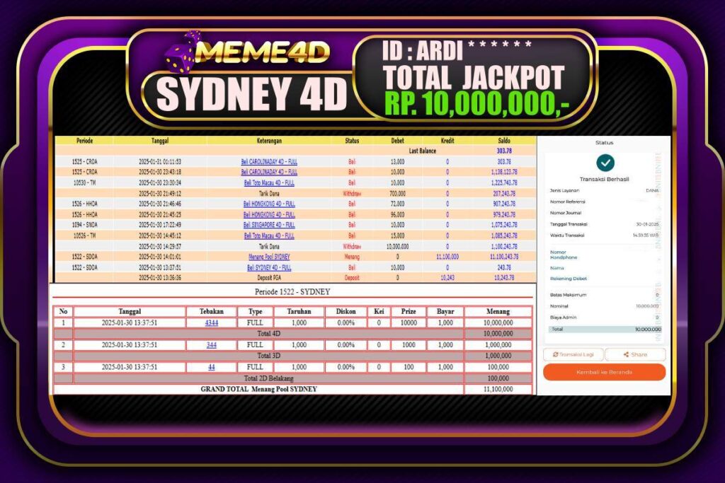 Bukti Jp MEME4D Togel Online 31 JANUARI 2025