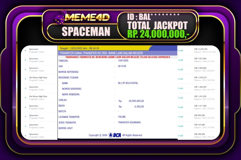Bukti Jp MEME4D Slot Online 13 JANUARI 2025