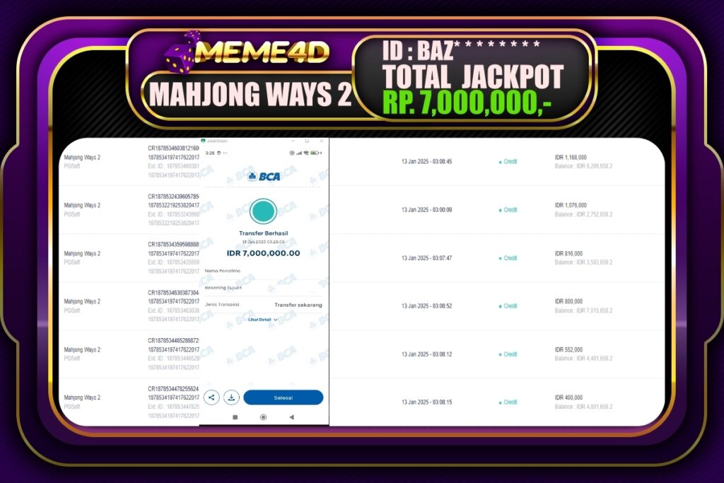 Bukti Jp MEME4D Slot Online 13 JANUARI 2025