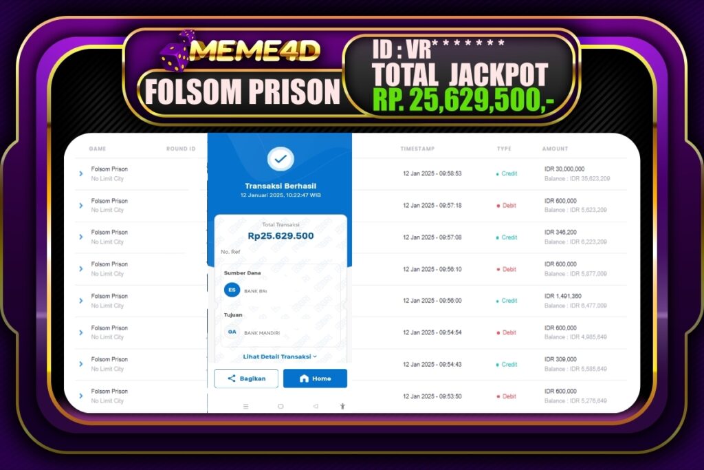 Bukti Jp MEME4D Slot Online 13 JANUARI 2025