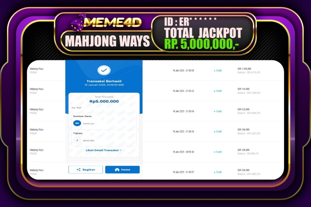 Bukti Jp MEME4D Slot Online 17 JANUARI 2025