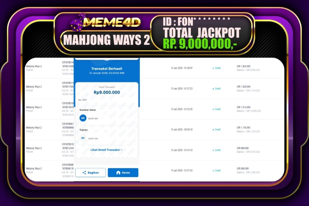 Bukti Jp MEME4D Slot Online 13 JANUARI 2025