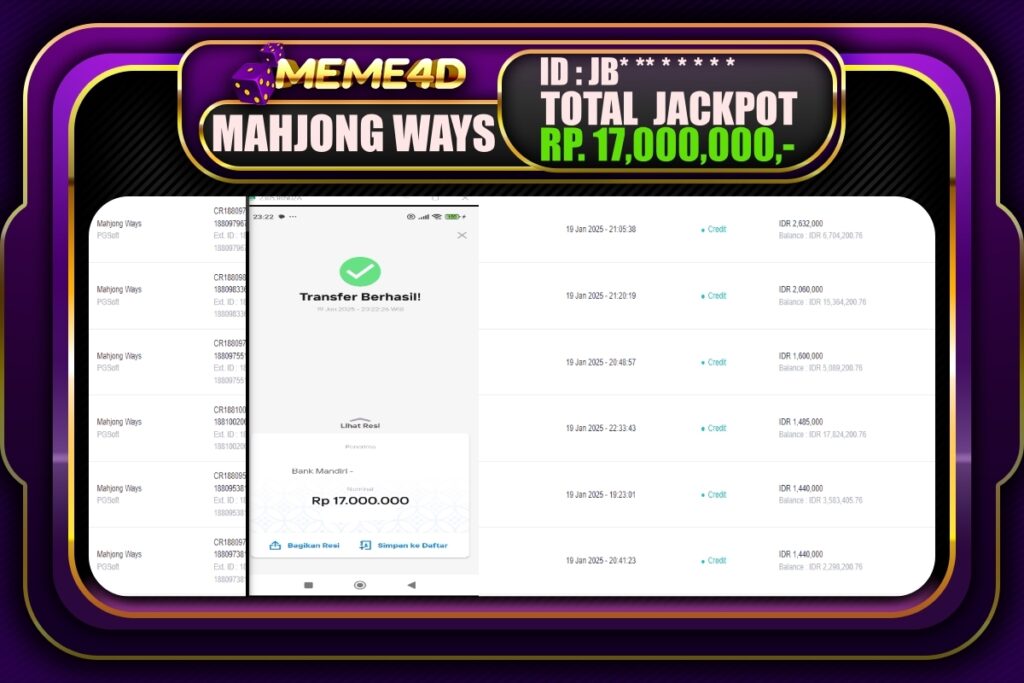 Bukti Jp MEME4D Slot Online 20 JANUARI 2025