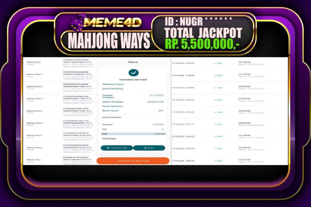 Bukti Jp MEME4D Slot Online 01 Februari 2025