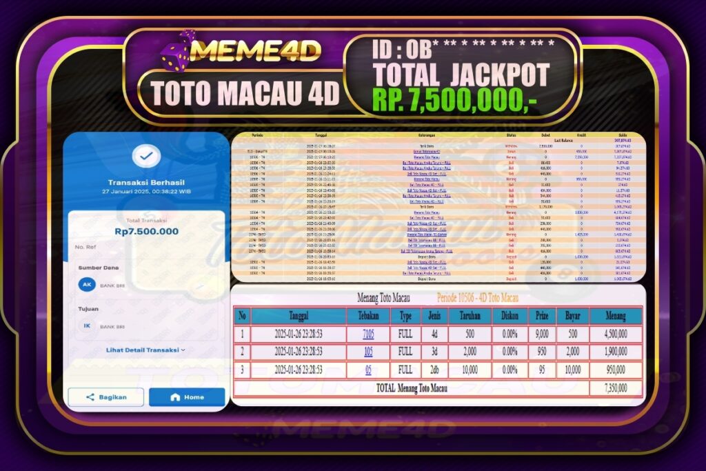 Bukti Jp MEME4D Togel Online 27 JANUARI 2025