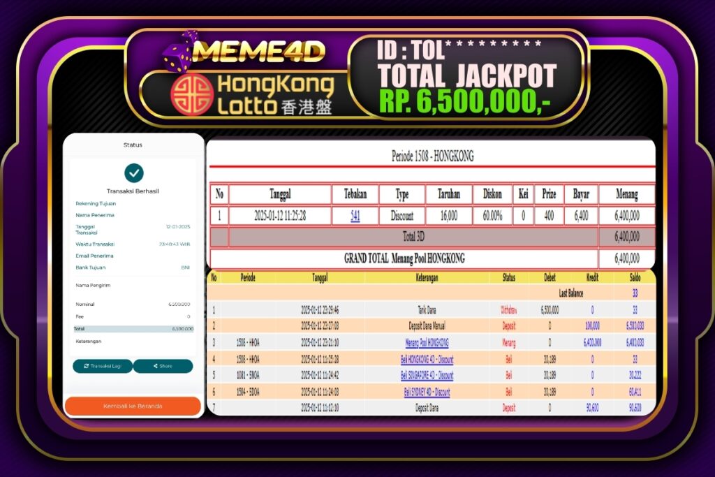Bukti Jp MEME4D Togel Online 13 JANUARI 2025
