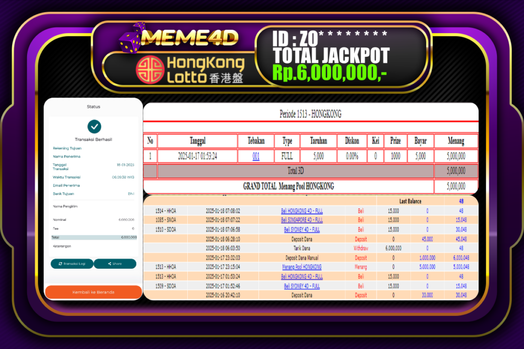 Bukti Jp MEME4D Togel Online 18 JANUARI 2025