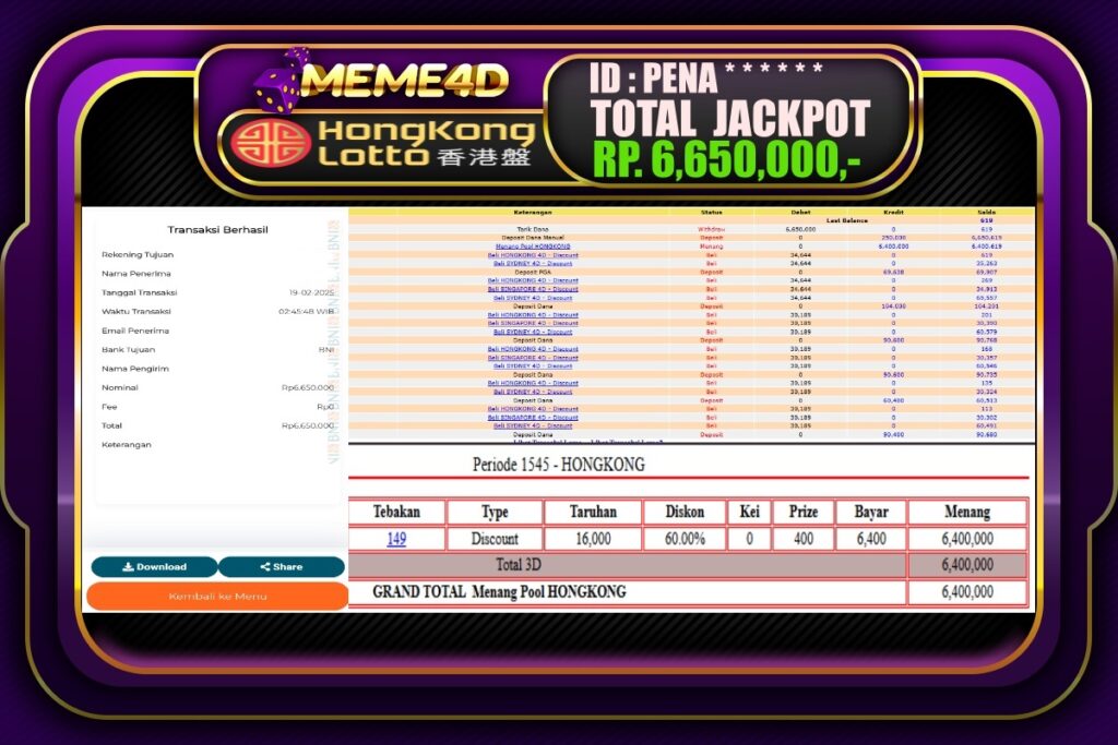 Bukti Jp MEME4D Togel Online 19 Februari 2025