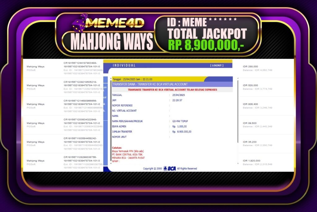 Bukti Jp MEME4D Slot Online 26 April 2025