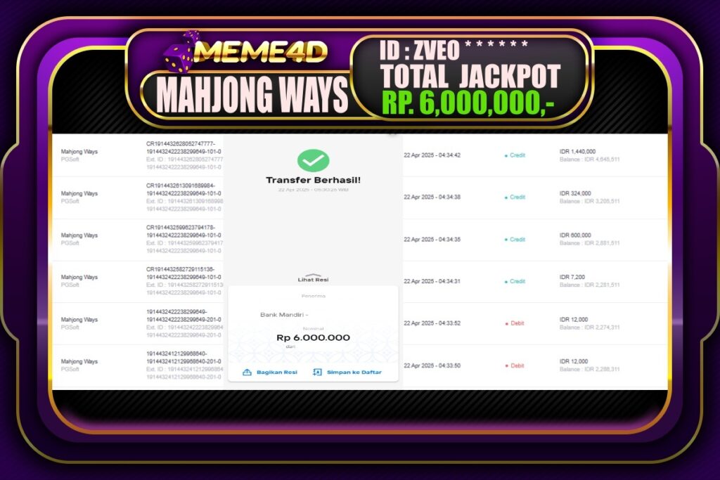 Bukti Jp MEME4D Slot Online 22 April 2025