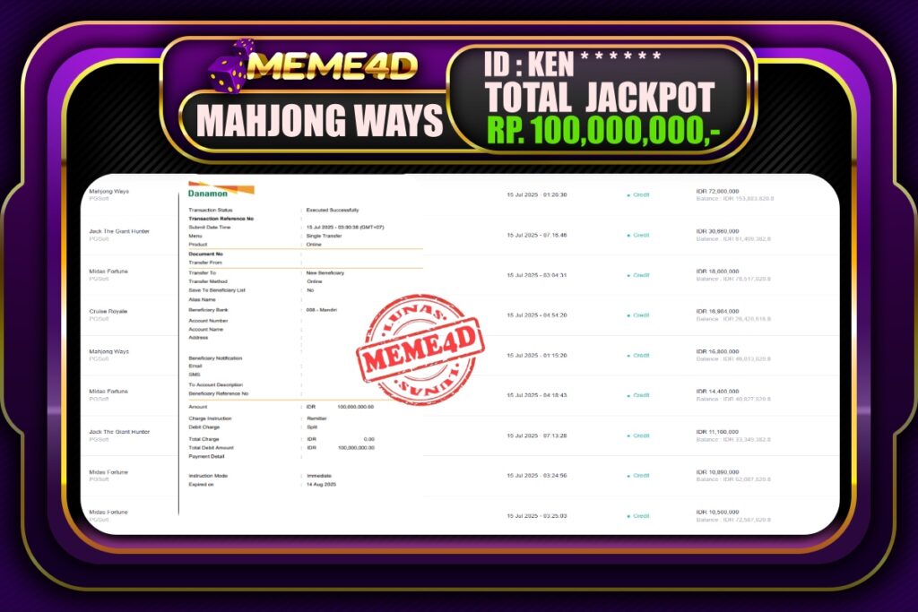 Bukti Jp MEME4D Slot Online 15 Juli 2025