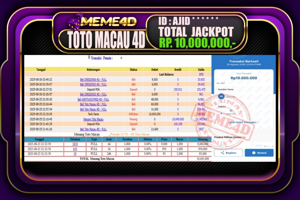 Bukti Jp MEME4D Togel Online 26 Agustus 2025