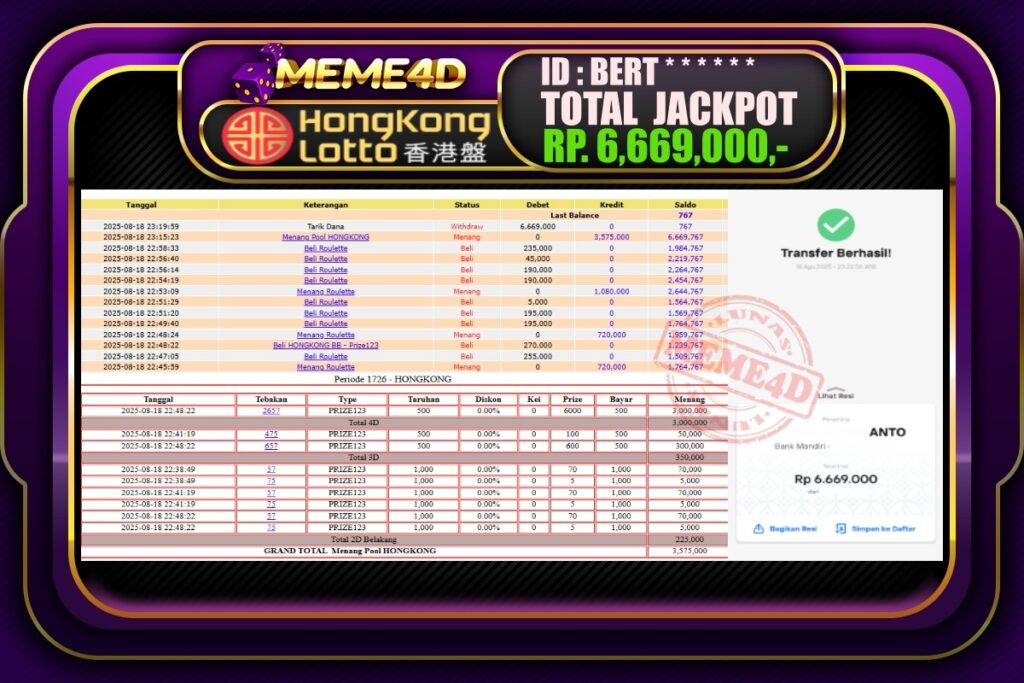 Bukti Jp MEME4D Togel Online 19 AGUSTUS 2025