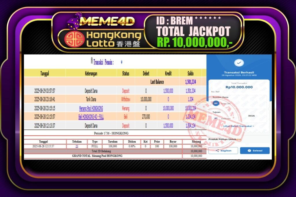Bukti Jp MEME4D Togel Online 29 Agustus 2025