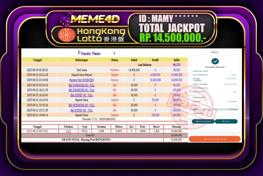 Bukti Jp MEME4D Togel Online 24 Agustus 2025