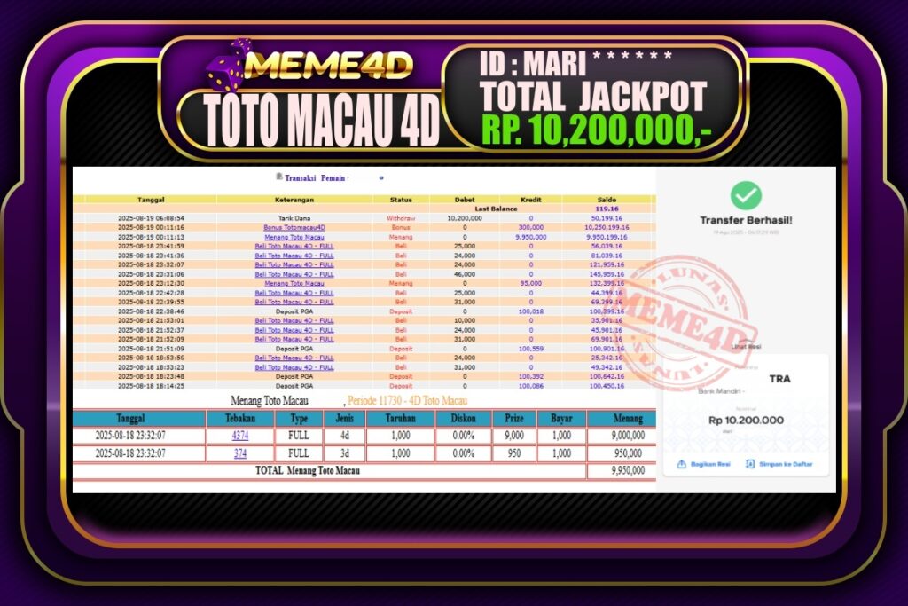 Bukti Jp MEME4D Togel Online 19 AGUSTUS 2025