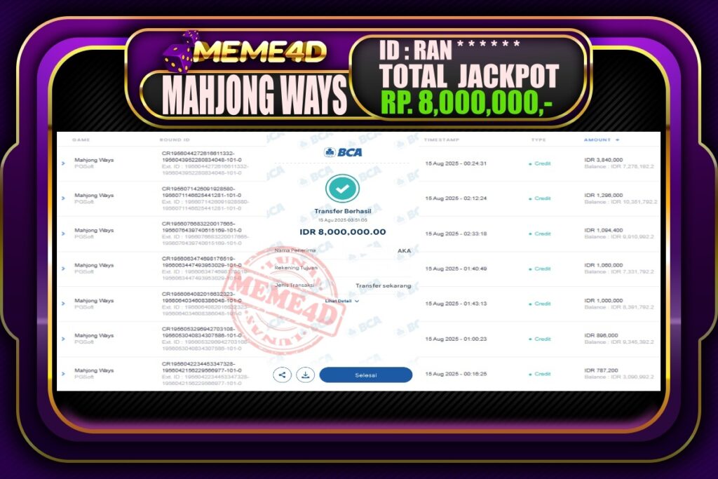 Bukti Jp MEME4D Slot Online 15 AGUSTUS 2025