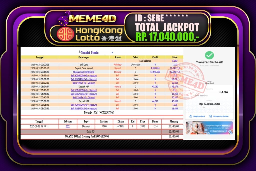 Bukti Jp MEME4D Togel Online 19 AGUSTUS 2025