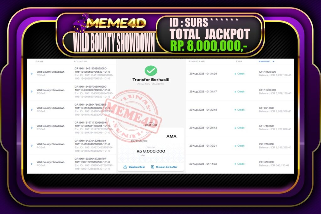 Bukti Jp MEME4D Slot Online 29 Agustus 2025