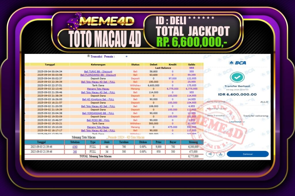 Bukti Jp MEME4D Togel Online 04 September 2025