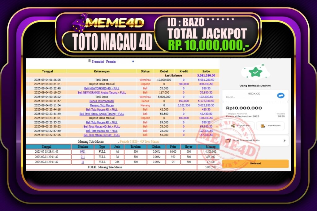 Bukti Jp MEME4D Togel Online 04 September 2025