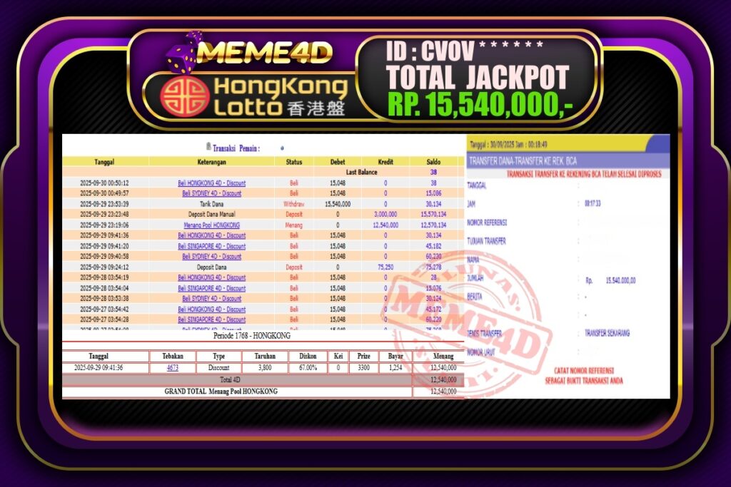 Bukti Jp MEME4D Togel Online 30 September 2025