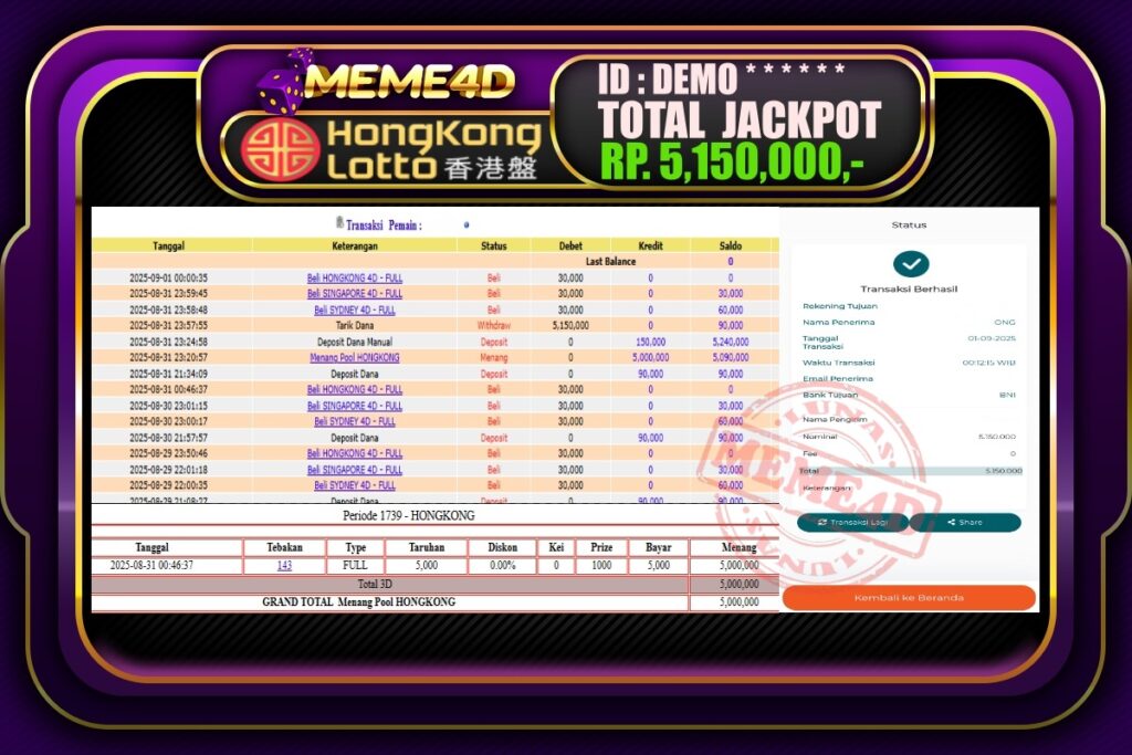 Bukti Jp MEME4D Togel Online 01 September 2025