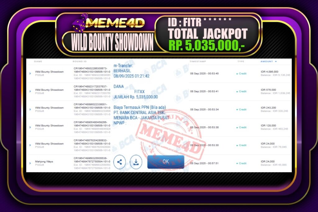 Bukti Jp MEME4D Slot Online 08 September 2025