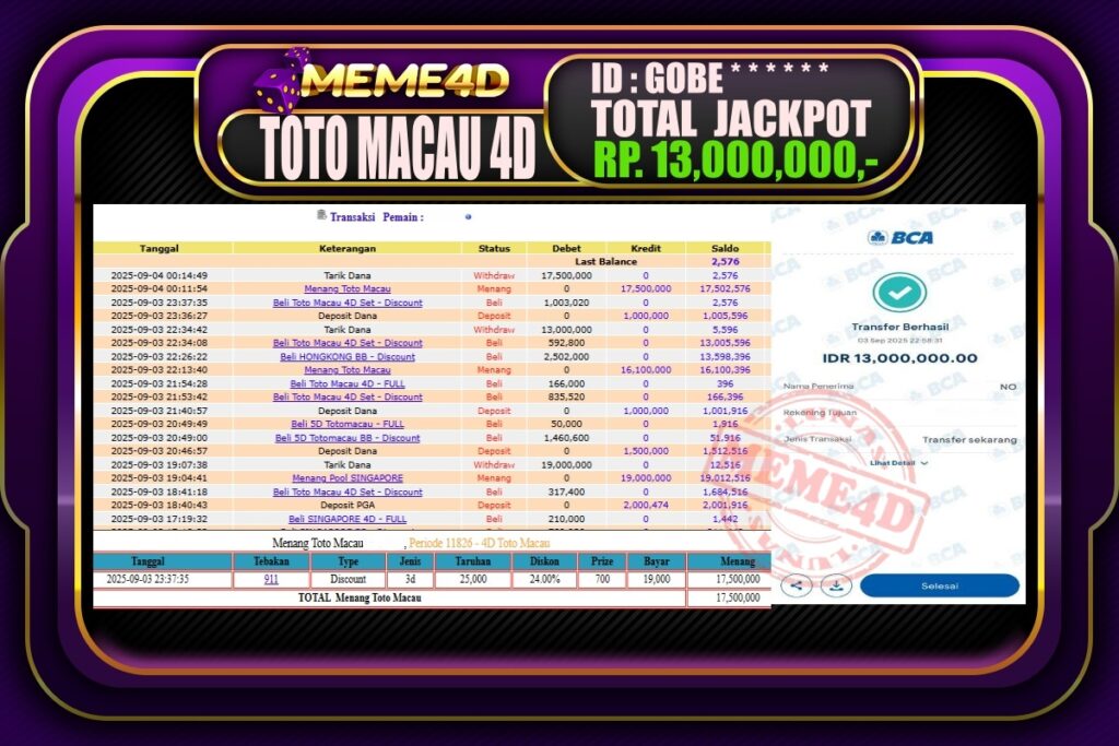 Bukti Jp MEME4D Togel Online 04 September 2025