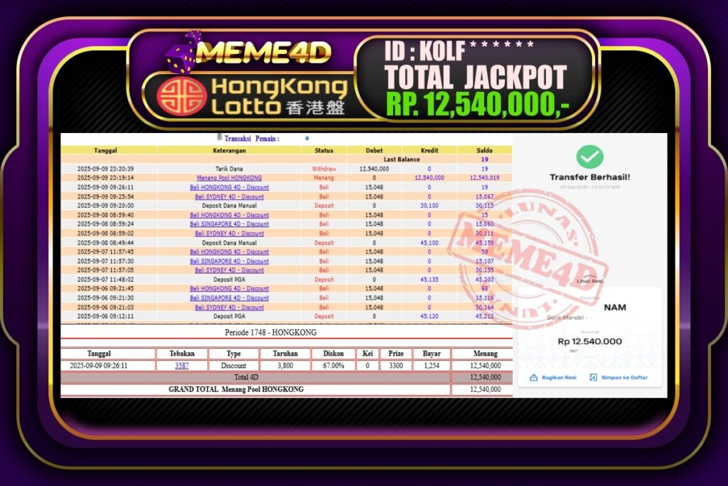 Bukti Jp MEME4D Togel Online 10 September 2025