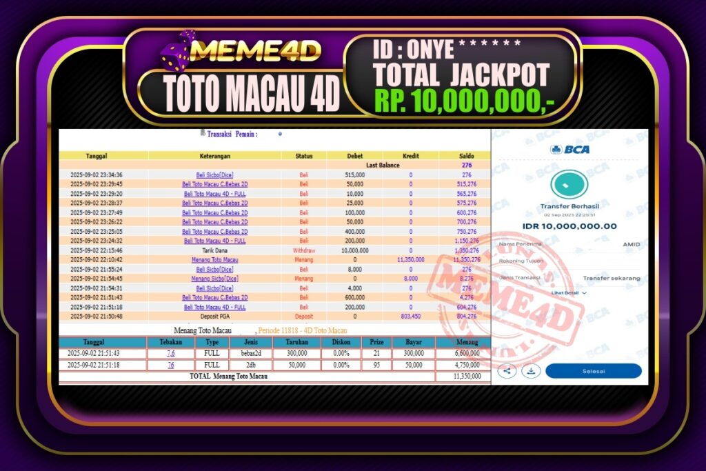 Bukti Jp MEME4D Togel Online 03 September 2025