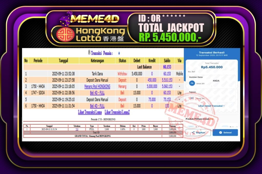 Bukti Jp MEME4D Togel Online 12 September 2025