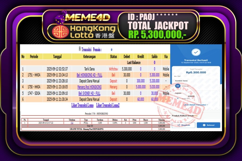 Bukti Jp MEME4D Togel Online 12 September 2025
