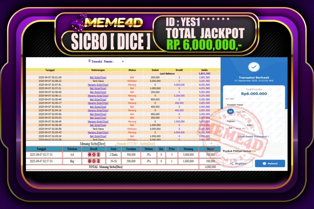 Bukti Jp MEME4D Casino Online 07 September 2025