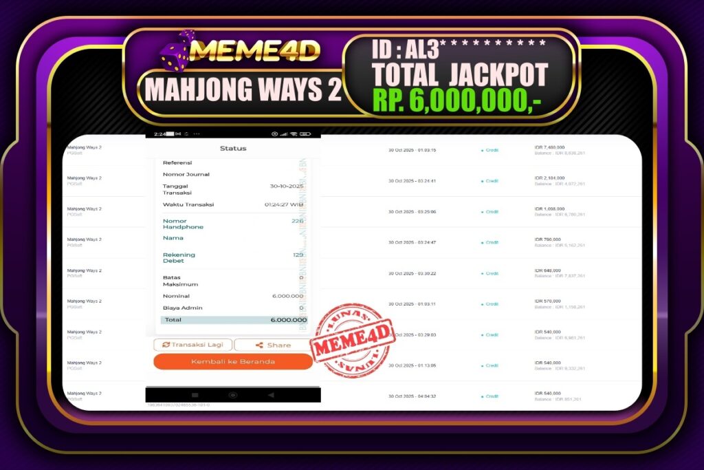 Bukti Jp MEME4D Slot Online 30 Oktober 2025