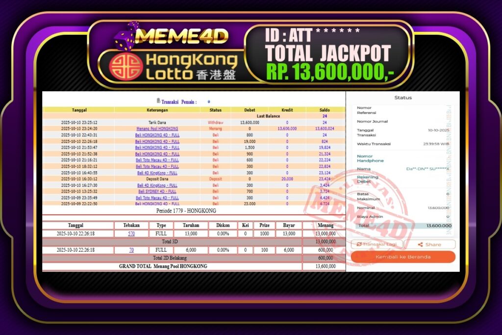 Bukti Jp MEME4D Togel Online 11 Oktober 2025