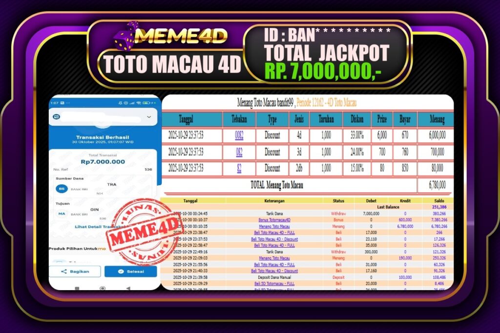Bukti Jp MEME4D Togel Online 30 Oktober 2025