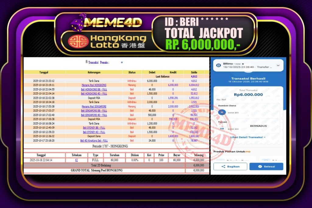 Bukti Jp MEME4D Togel Online 19 Oktober 2025