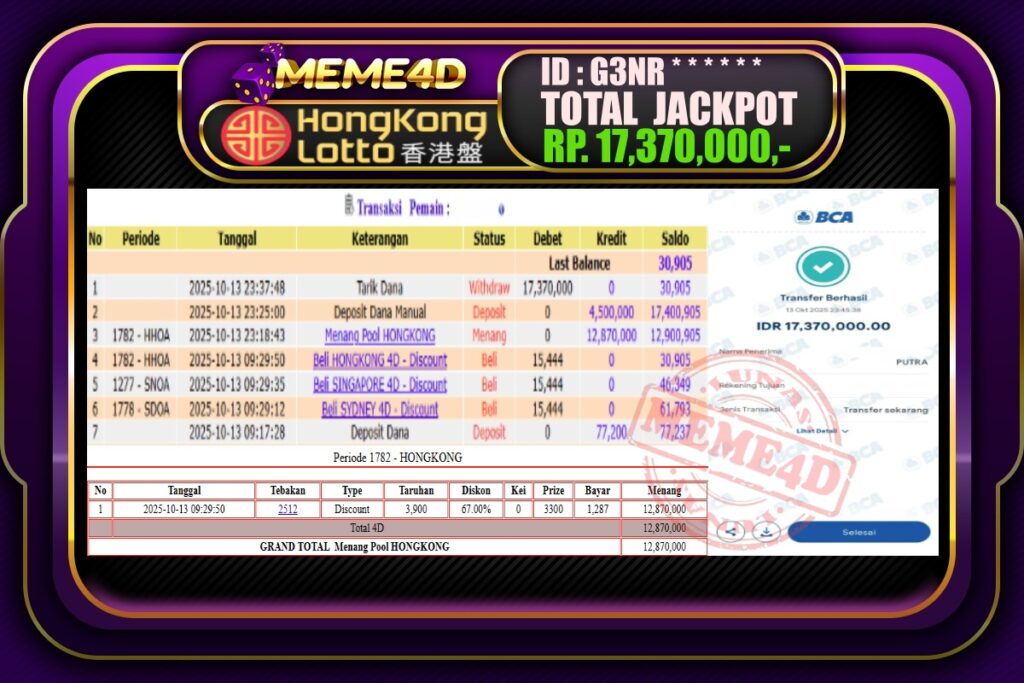 Bukti Jp MEME4D Togel Online 14 Oktober 2025