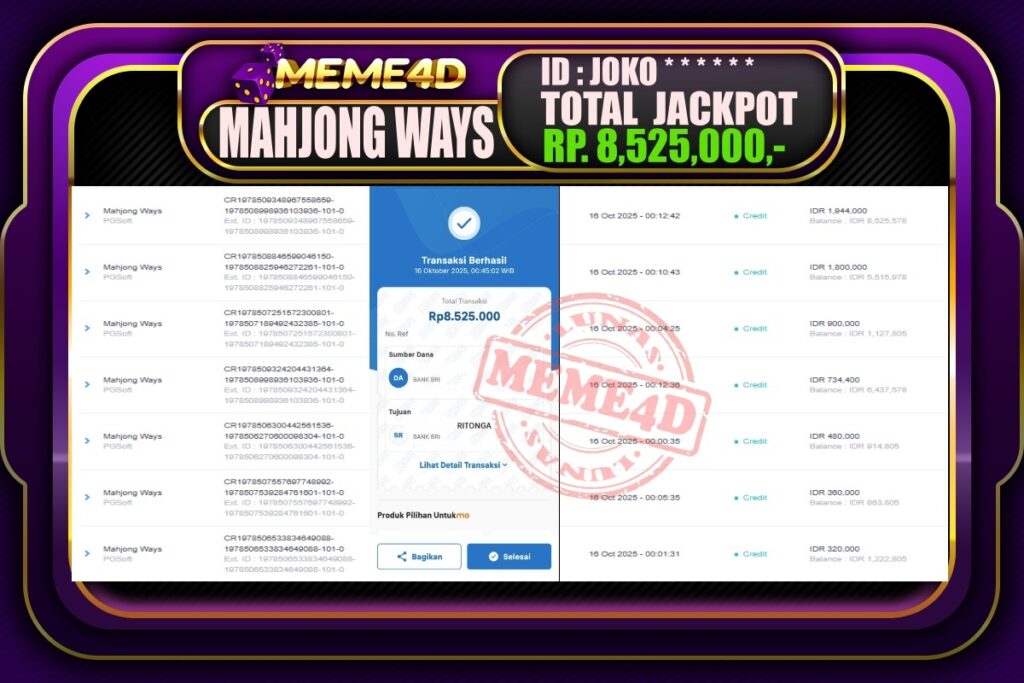 Bukti Jp MEME4D Slot Online 16 Oktober 2025