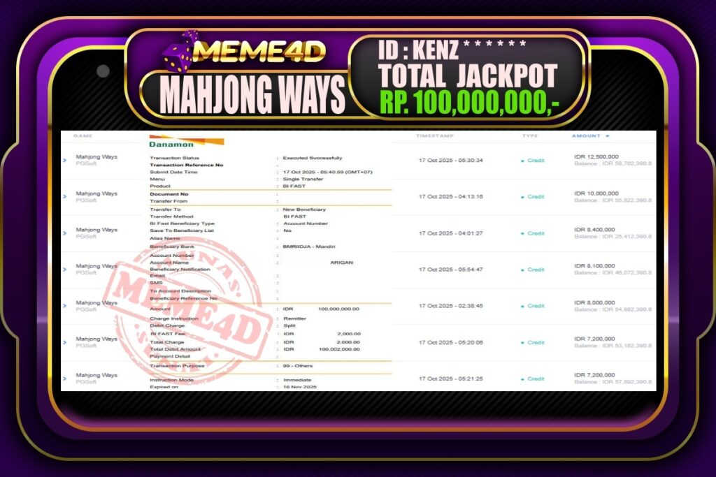 Bukti Jp MEME4D Slot Online 17 Oktober 2025