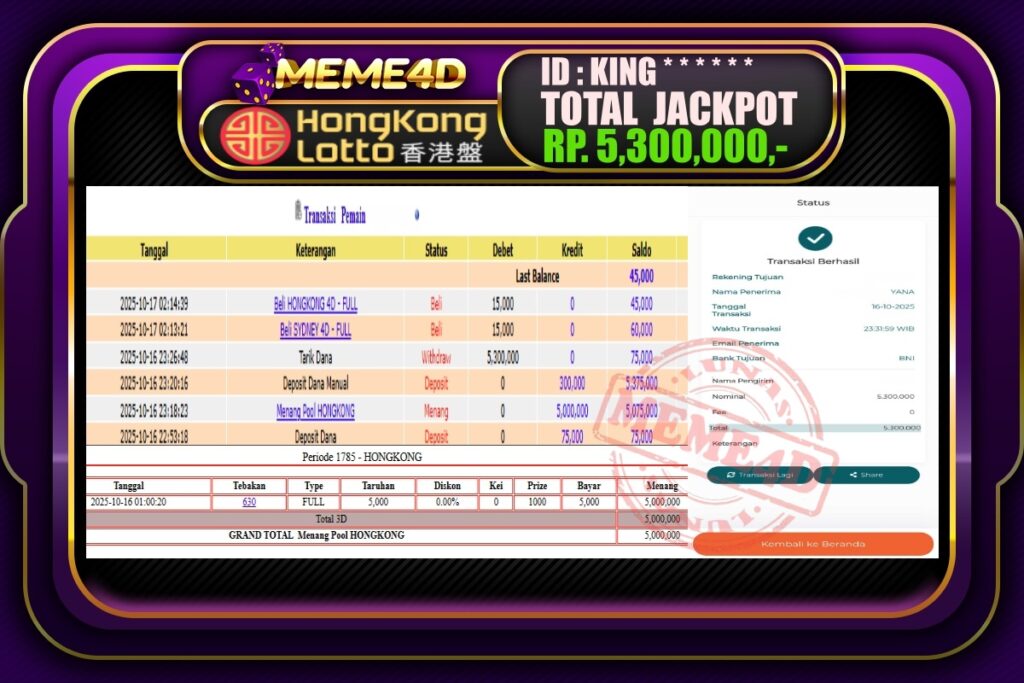 Bukti Jp MEME4D Togel Online 17 Oktober 2025