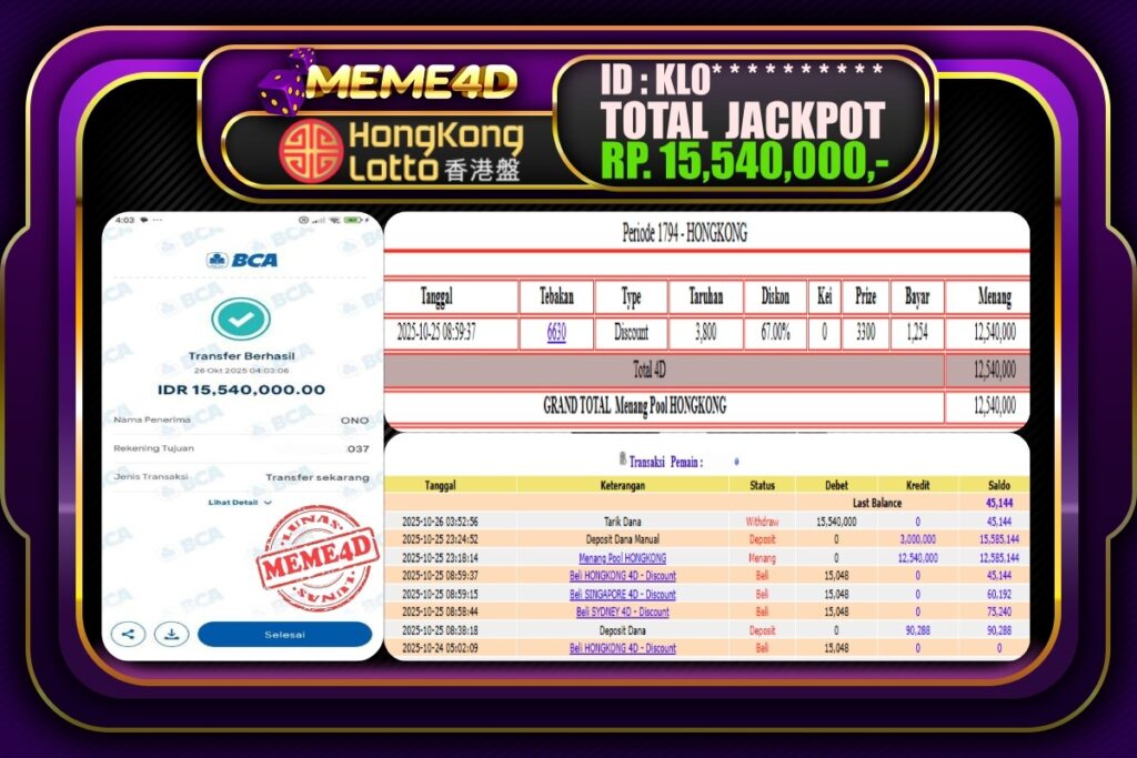 Bukti Jp MEME4D Togel Online 26 Oktober 2025