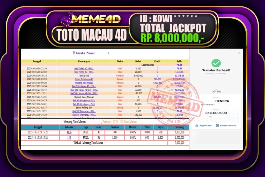Bukti Jp MEME4D Togel Online 16 Oktober 2025