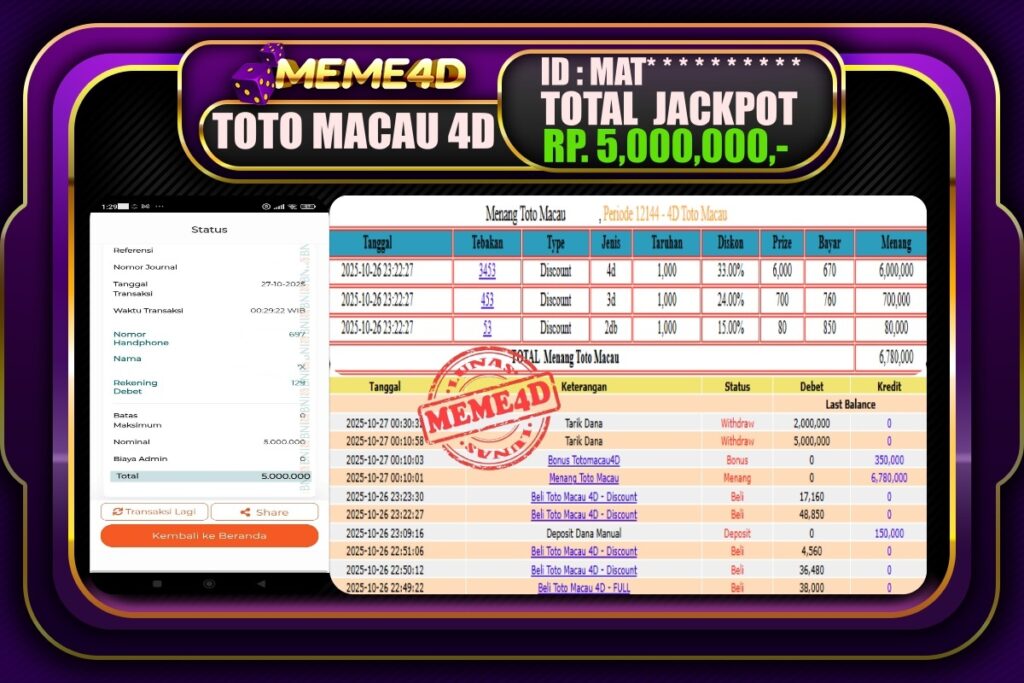 Bukti Jp MEME4D Togel Online 27 Oktober 2025
