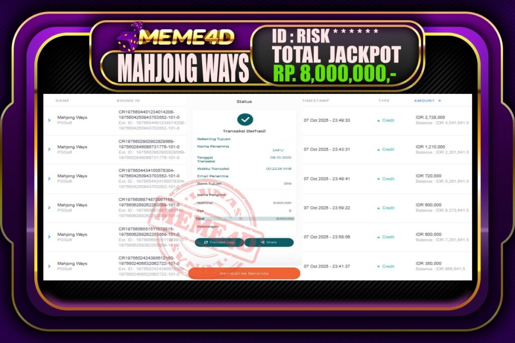 Bukti Jp MEME4D Slot Online 08 Oktober 2025