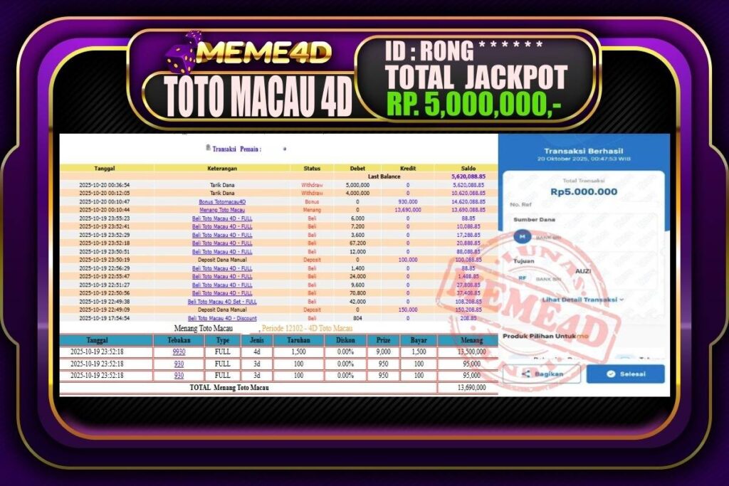 Bukti Jp MEME4D Togel Online 20 Oktober 2025