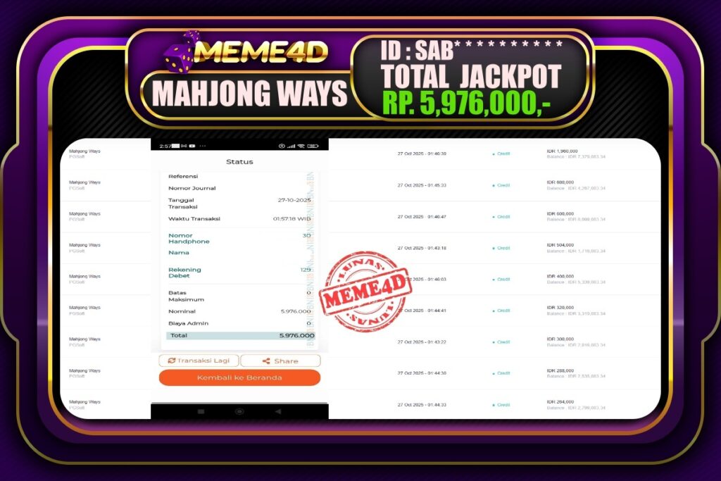 Bukti Jp MEME4D Slot Online 27 Oktober 2025