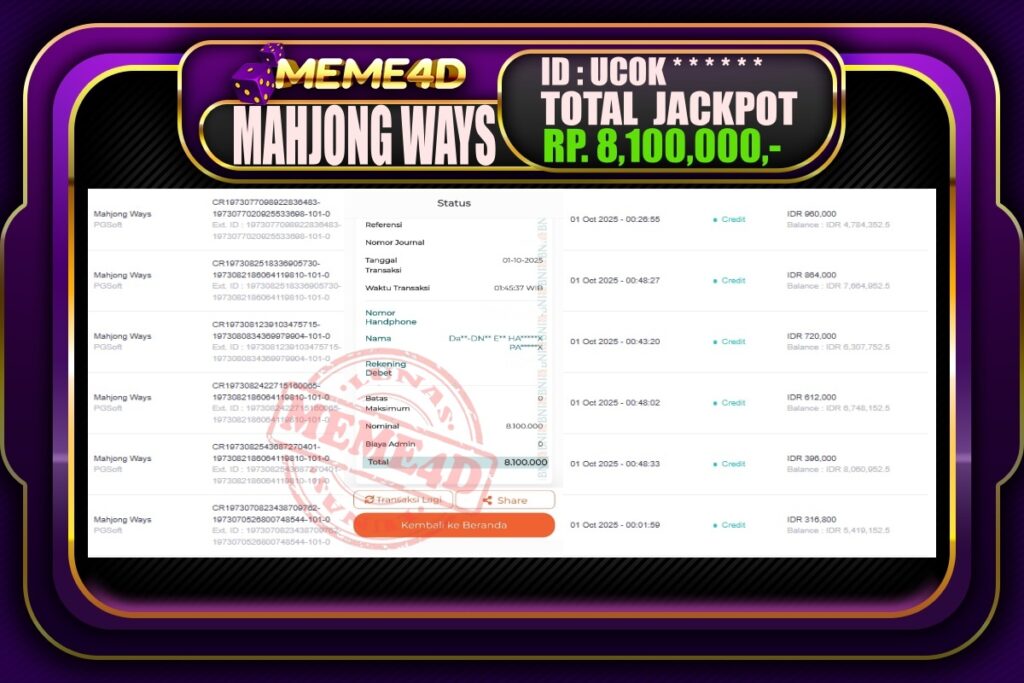 Bukti Jp MEME4D Slot Online 01 Oktober 2025